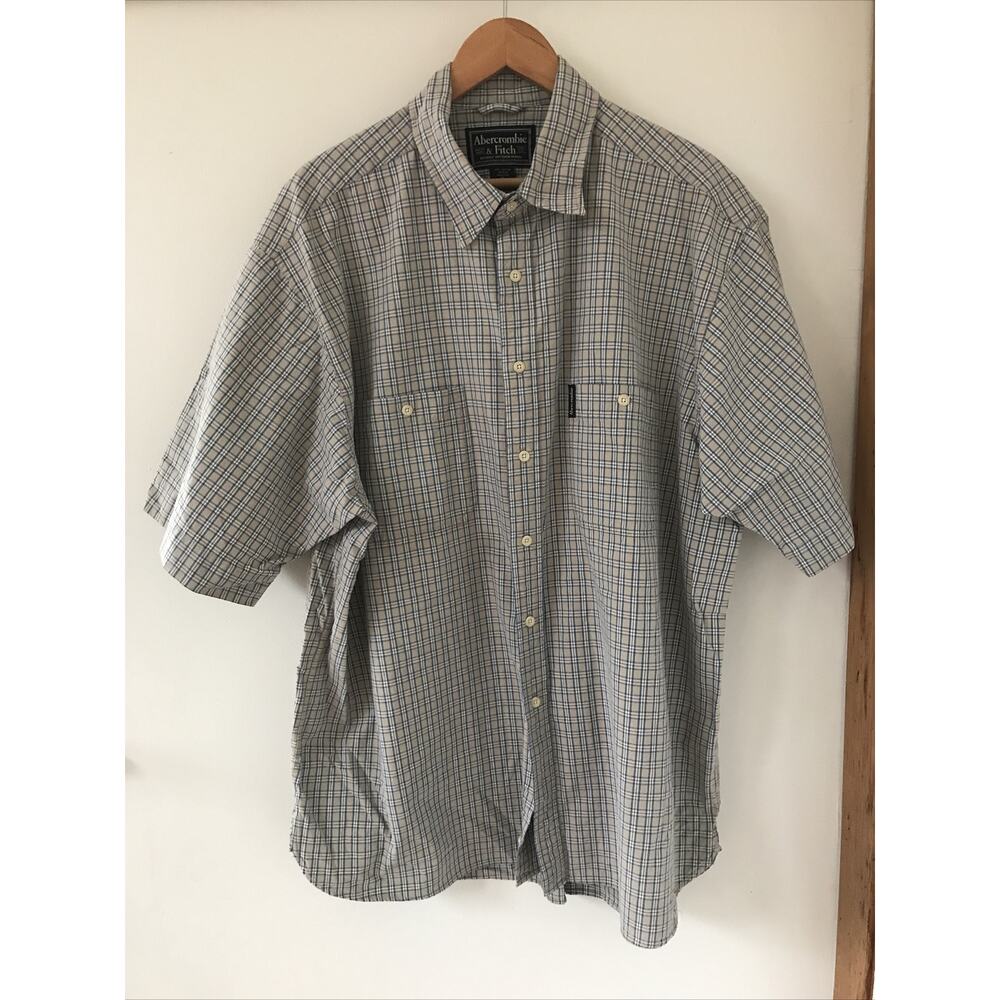Abercrombie Fitch Cotton Gray Green Plaid Button Up Short Sleeve Shirt XL 56"